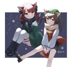 Rule 34 | 2girls, :p, \||/, animal ear fluff, animal ears, bike shorts, blunt bangs, boots, braid, brown hair, cat ears, cat tail, chen, dress, eyebrows hidden by hair, foot out of frame, from above, green dress, juliet sleeves, kaenbyou rin, knees up, kuroda (chokobo 314), light smile, long sleeves, multiple girls, multiple tails, nekomata, puffy sleeves, red dress, red eyes, red hair, scarf, short hair, simple background, slit pupils, star (symbol), tail, thighhighs, tongue, tongue out, touhou, twin braids, two tails, v arms, white thighhighs, yellow eyes