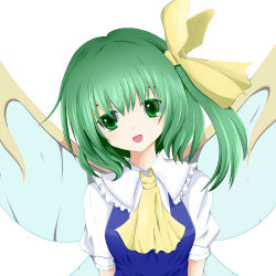 Rule 34 | 1girl, ascot, blouse, breasts, colored eyelashes, daiyousei, fairy wings, green eyes, green hair, hair ribbon, head tilt, highres, looking at viewer, matching hair/eyes, open mouth, ribbon, shirt, short hair, short sleeves, side ponytail, simple background, solo, touhou, upper body, white background, wings, yuegatobu