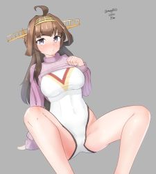 Rule 34 | 1girl, absurdres, ahoge, alternate costume, black eyes, brown hair, clothes lift, dated, double bun, feet out of frame, grey background, hair bun, hairband, headgear, highres, kantai collection, kongou (kancolle), leotard, long hair, looking at viewer, maru (marg0613), multicolored leotard, purple sweater, ribbed sweater, simple background, solo, spread legs, sweater, sweater lift, twitter username, white leotard