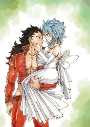 Rule 34 | 1boy, 1girl, back bow, ban (nanatsu no taizai), ban (nanatsu no taizai) (cosplay), black hair, blue hair, blush, bow, breasts, brown eyes, cleavage, collarbone, cosplay, couple, dress, elaine, elaine (cosplay), eye contact, fairy tail, gajeel redfox, groin, highres, holding person, jacket, levy mcgarden, long dress, long hair, looking at another, medium breasts, open clothes, open jacket, pants, parody, parted lips, red jacket, red pants, rusky, shiny clothes, signature, sketch, sleeveless, sleeveless dress, smile, standing, striped clothes, striped dress, wedding dress, white bow, white dress