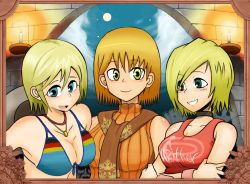 Rule 34 | 3girls, alternate costume, ashley graham, bad id, bad pixiv id, bikini, blonde hair, blue eyes, blush, breasts, capcom, choker, cleavage, clothes writing, crossover, demento, female focus, fiona belli, green eyes, heather mason, jewelry, konami, looking at viewer, multiple girls, necklace, okahi, open mouth, resident evil, resident evil 4, ribbed sweater, scarf, short hair, silent hill, silent hill (series), silent hill 3, smile, sweater, swimsuit, trait connection, upper body, yellow eyes