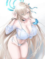 Rule 34 | 1girl, absurdres, alternate costume, aqua eyes, asuna (blue archive), bare shoulders, bikini, black choker, blue archive, blue nails, blue scrunchie, blush, breasts, choker, cleavage, commentary request, covered erect nipples, cowboy shot, cropped shirt, grin, hair over one eye, halo, highres, large breasts, light brown hair, long hair, looking at viewer, mole, mole on breast, multi-strapped bikini bottom, nail polish, navel, noa (skae3323), off-shoulder shirt, off shoulder, scrunchie, see-through, see-through shirt, shirt, side-tie bikini bottom, sideboob, smile, solo, swimsuit, thighs, veins, veiny breasts, very long fingernails, very long hair, white background, white bikini, white shirt, wrist scrunchie