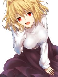 Rule 34 | 1girl, :d, arcueid brunestud, bent over, blonde hair, breasts, hair between eyes, hand in own hair, large breasts, long skirt, long sleeves, looking at viewer, medium hair, open mouth, purple skirt, red eyes, shinobu1132, simple background, skirt, slit pupils, smile, solo, standing, sweater, tsukihime, white background, white sweater