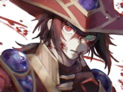 Rule 34 | 1boy, blood, blood on face, double iris magician, duel monster, green eyes, green hair, hair between eyes, hat, head tilt, heterochromia, highres, looking at viewer, male focus, multicolored hair, portrait, red eyes, red hair, short hair, solo, two-tone hair, upper body, wiping blood, wizard hat, wudu c, yu-gi-oh!, yu-gi-oh! arc-v