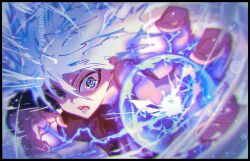 Rule 34 | 1boy, artist name, blue eyes, fighting stance, foreshortening, hunter x hunter, killua zoldyck, kuo tasuku, lightning, looking at viewer, male focus, open mouth, outstretched hand, signature, solo, teeth, watermark, white hair