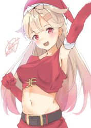 Rule 34 | 1girl, belt, belt buckle, black belt, black ribbon, blonde hair, blush, breasts, buckle, calin, dated, hair flaps, hair ornament, hair ribbon, hairclip, hat, highres, kantai collection, large breasts, long hair, navel, open mouth, red eyes, red hat, ribbon, santa costume, santa hat, signature, simple background, smile, solo, upper body, white background, yuudachi (kancolle), yuudachi kai ni (kancolle)