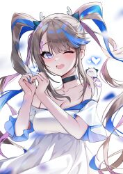 Rule 34 | 1girl, :d, absurdres, airi kanna, bare shoulders, black choker, blue hair, blue nails, blush, breasts, brown hair, choker, cleavage, cow, dot nose, dress, heart, heart hands, highres, large breasts, long hair, looking at viewer, nail polish, off-shoulder dress, off shoulder, one eye closed, open mouth, parted bangs, picter, purple eyes, sidelocks, simple background, smile, solo, stellive, twintails, very long hair, virtual youtuber, white background, white dress
