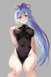 Rule 34 | arm behind back, blue hair, blush, fate/grand order, fate (series), gradient background, hair between eyes, hair ribbon, harimoji, heattech leotard, invisible chair, leotard, long hair, open mouth, ponytail, ribbon, sitting, solo, tomoe gozen (fate), turtleneck, very long hair, yellow eyes