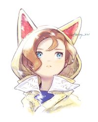 Rule 34 | 1girl, animal hood, blue eyes, brown hair, cat hood, closed mouth, final fantasy, final fantasy xiv, highres, hood, krile mayer baldesion (ff14), lalafell, melty5.55, pointy ears, short hair, simple background, solo, white background