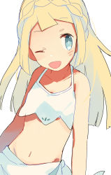 Rule 34 | 1girl, ;d, alternate eye color, bare arms, bare shoulders, bikini, blonde hair, blue eyes, blunt bangs, braid, bright pupils, collarbone, creatures (company), flat chest, french braid, game freak, groin, highres, lillie (pokemon), long hair, looking away, looking to the side, mizuyou, navel, nintendo, one eye closed, open mouth, pokemon, pokemon (anime), pokemon sm, pokemon sm (anime), sarong, simple background, smile, solo, sparkle, swimsuit, upper body, white background, white bikini