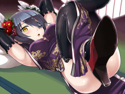 Rule 34 | 10s, 1girl, :o, alternate costume, armpits, black gloves, black thighhighs, blush, breasts, camellia, china dress, chinese clothes, convenient leg, dress, elbow gloves, eyepatch, feather hair ornament, feathers, flower, gloves, hair flower, hair ornament, hi-ho-, high heels, kantai collection, large breasts, looking at viewer, lying, on back, on floor, open mouth, round window, shoe soles, short hair, solo, tatami, tenryuu (kancolle), thighhighs, window, yellow eyes