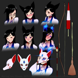 Rule 34 | 1girl, animal ears, arrow (projectile), ayamori miyako, bell, black hair, blue eyes, blue fire, blush, bow (weapon), choker, covering face, deliciousorange, embarrassed, expressions, fire, fox ears, fox mask, full-face blush, glowing, glowing eyes, grin, japanese clothes, lips, long hair, mask, miko, multiple views, neck bell, pokini kagura, red eyes, smile, weapon