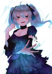 Rule 34 | 10s, 1girl, ahoge, backlighting, black dress, blue eyes, blush, breasts, chita (ketchup), cleavage, collar, collarbone, cowboy shot, detached sleeves, dress, frilled collar, frilled dress, frills, gothic lolita, grin, hair between eyes, hand up, highres, idolmaster, idolmaster cinderella girls, kanzaki ranko, large breasts, lolita fashion, long hair, looking at viewer, outstretched arm, puffy short sleeves, puffy sleeves, short sleeves, silver hair, smile, solo, standing, teeth, tongue, twintails, white background, wind