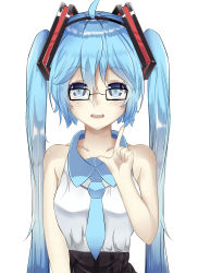 Rule 34 | 1girl, absurdres, ahoge, alternate costume, bare arms, bare shoulders, bespectacled, black-framed eyewear, black hairband, black skirt, blue collar, blue eyes, blue hair, blue necktie, chinese commentary, collar, collared shirt, commentary request, cropped torso, glasses, hair between eyes, hairband, hatsune miku, high-waist skirt, highres, index finger raised, long hair, nagisa (cxcx5235), necktie, open mouth, shirt, simple background, skirt, sleeveless, sleeveless shirt, solo, teeth, twintails, vocaloid, white background, white shirt