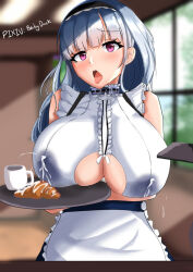 Rule 34 | 1girl, apron, azur lane, baby duck, blush, breasts, cleavage, cleavage cutout, clothing cutout, collar, croissant, cup, dido (azur lane), food, huge breasts, lactation, lactation through clothes, large breasts, maid, maid apron, milk, mug, open mouth, pink eyes, solo, tongue, tongue out, tray, wet, wet clothes, white hair