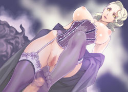 Rule 34 | 1girl, atlus, azuma toh, blonde hair, breasts, censored, corset, curly hair, feet, footjob, garter belt, garter straps, hip bones, huge breasts, ikeda usao, lace, large breasts, lingerie, margaret, margaret (persona), nipples, penis, persona, persona 4, pov, puffy nipples, pussy, silver hair, solo focus, standing, thighhighs, underwear, wavy hair, yellow eyes