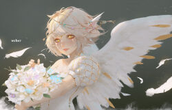 Rule 34 | 1girl, absurdres, blonde hair, bouquet, feathered wings, flower, hair ornament, highres, holding, holding bouquet, original, parted lips, puffy short sleeves, puffy sleeves, short hair, short sleeves, single sleeve, weber, white wings, wings, yellow eyes