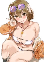 Rule 34 | 1girl, anis (nikke), anis (sparkling summer) (nikke), bare shoulders, bikini, blush, breasts, cleavage, collarbone, eyepatch bikini, eyewear on head, goddess of victory: nikke, jacket, jewelry, large breasts, light brown hair, long sleeves, looking at viewer, mamedenkyuu (berun), navel, necklace, off shoulder, official alternate costume, open clothes, open jacket, open mouth, short hair, sitting, smile, solo, sunglasses, swimsuit, v, white bikini, yellow eyes, yellow jacket