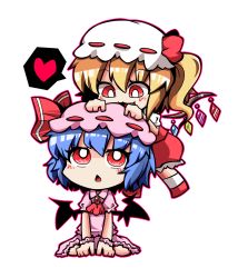 Rule 34 | 2girls, blonde hair, blue hair, brooch, chestnut mouth, chibi, dress, fang, female focus, flandre scarlet, hands on another&#039;s head, heart, highres, jewelry, jiro-min, juliet sleeves, long sleeves, multiple girls, puffy sleeves, red eyes, remilia scarlet, siblings, side ponytail, sisters, sitting, spoken heart, touhou, wariza, wings