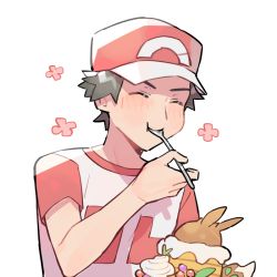 Rule 34 | 1boy, baseball cap, blush, closed eyes, closed mouth, commentary, creatures (company), eating, food, game freak, hand up, hat, holding, holding spoon, male focus, nintendo, pokemon, pokemon sm, rata (m40929), red (pokemon), shirt, short hair, short sleeves, sketch, solo, spoon, t-shirt, two-tone headwear, upper body, white background