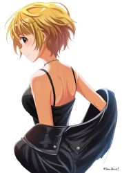 Rule 34 | 1girl, absurdres, black jacket, black shirt, blonde hair, blush, breasts, brown eyes, closed mouth, clothes down, from behind, fukuda noriko, highres, idolmaster, idolmaster million live!, jacket, jewelry, leather, leather jacket, looking at viewer, looking to the side, necklace, profile, shirt, short hair, shoulder blades, simple background, sleeveless, sleeveless shirt, small breasts, smile, solo, straight hair, takatsuki p, twitter username, undressing, upper body, white background