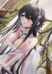 Rule 34 | 1girl, absurdres, all fours, azur lane, black hair, branch, breasts, cleavage, dress, dutch angle, flower, hair flower, hair ornament, highres, indomitable (azur lane), kirisamede gzr, large breasts, long hair, open mouth, very long hair, white dress, yellow eyes