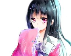 Rule 34 | 1girl, black hair, bow, eirin kichigai, hand in mouth, houraisan kaguya, long hair, long sleeves, looking at viewer, pink eyes, simple background, solo, touhou, upper body, white background, wide sleeves