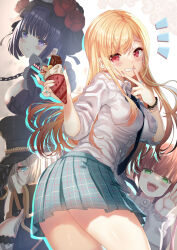 1girl ass bead_bracelet beads between_breasts black_lobelia black_necktie blonde_hair blush bracelet breasts buttons collared_shirt commentary cosplay cowboy_shot dress_shirt earrings english_commentary eyelashes fingernails floating_hair food from_side grin gyaru hands_up happy highres holding holding_food holding_ice_cream hoop_earrings ice_cream ice_cream_cone impossible_clothes jewelry kitagawa_marin kuroe_shizuku large_breasts long_fingernails long_hair long_sleeves looking_at_viewer looking_back mixed-language_commentary multiple_views nail_polish necktie necktie_between_breasts notice_lines official_alternate_costume pink_nails red_eyes ring rizu-kyun shirt sidelocks simple_background sleeves_rolled_up smile sono_bisque_doll_wa_koi_wo_suru straight_hair stud_earrings swept_bangs v v_over_mouth white_background white_shirt xephonia