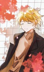 Rule 34 | 1boy, atou haruki, black jacket, blonde hair, brown sweater, chinese commentary, closed eyes, closed mouth, commentary request, highres, jacket, male focus, open clothes, open jacket, saibou shinkyoku, short hair, smile, solo, sweater, turtleneck, turtleneck sweater, upper body, youyoubenyou