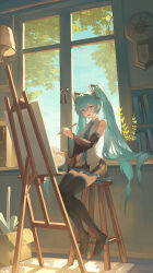 1girl absurdres aqua_eyes aqua_hair black_skirt black_thighhighs boots box cardboard_box clock commentary detached_sleeves easel grey_shirt hatsune_miku highres holding holding_brush holding_palette indoors long_hair looking_at_viewer on_chair open_mouth palette_(object) shirt sitting skirt smile solo thigh_boots thighhighs twintails vocaloid wall_clock window yeyiye_(2954504619)