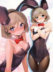 Rule 34 | 1girl, absurdres, animal ears, bare shoulders, blue eyes, blush, bow, bowtie, breasts, brown hair, cleavage, closed mouth, covered navel, covering breasts, covering privates, detached collar, fake animal ears, fake tail, fishnet pantyhose, fishnets, heart, heart-shaped pupils, highres, leotard, looking at viewer, love live!, love live! superstar!!, medium breasts, multiple views, nakano maru, pantyhose, playboy bunny, rabbit ears, rabbit tail, red bow, red bowtie, short hair, symbol-shaped pupils, tail, tang keke, thigh gap, translation request, twitter username