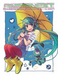 Rule 34 | 1girl, animenext, boots, gamna, green hair, headphones, heart, leaf, leaf umbrella, long hair, looking at viewer, mago, mascot, minae (animenext), musical note, official art, outside border, overalls, purple eyes, quaver, raincoat, red legwear, rubber boots, shirt, simple background, smile, speech bubble, spoken heart, spoken musical note, star (symbol), striped clothes, striped shirt, umbrella, very long hair, white background, yellow footwear