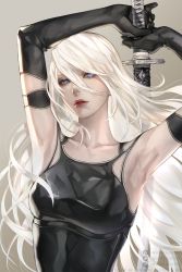 Rule 34 | 1girl, android, armpits, arms up, artstation username, bare shoulders, blue eyes, breasts, collared shirt, elbow gloves, feet out of frame, gloves, grey background, highres, holding, holding weapon, instagram username, long hair, looking at viewer, medium breasts, mole, mole under mouth, nier (series), nier:automata, nier reincarnation, open mouth, parted lips, red lips, shirt, solo, sword, twitter username, upper body, wandzardeen, weapon, white hair, a2 (nier:automata)