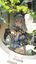 Rule 34 | 1girl, bare shoulders, bird, black gloves, blue dress, blue pupils, blue sleeves, bracelet, branch, censer, chair, chinese clothes, closed mouth, commentary request, curtains, detached sleeves, dress, gloves, grey eyes, grey hair, hand up, hanya (honkai: star rail), highres, holding, holding brush, holding paintbrush, honkai: star rail, honkai (series), insignificance, jewelry, long hair, looking at viewer, paintbrush, sitting, sleeveless, sleeveless dress, solo, table, tassel, upper body