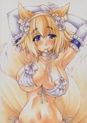 Rule 34 | 1girl, animal ears, armpits, arms up, bikini, bikini in mouth, blonde hair, blue eyes, blush, breast lift, breasts, choker, cleavage, clothes in mouth, colored pencil (medium), curvy, elbow gloves, fox ears, fox tail, front-tie top, gloves, kitsune, kyuubi, large breasts, looking at viewer, marker (medium), millipen (medium), mouth hold, multiple tails, navel, ribbon, ribbon choker, ribbon in mouth, shiny skin, side-tie bikini bottom, simple background, skindentation, smile, solo, swimsuit, tail, touhou, traditional media, underboob, white background, white bikini, white gloves, yakumo ran, yutakasan-love
