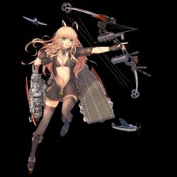 Rule 34 | 1girl, aircraft, airplane, antennae, azur lane, bikini, black background, blonde hair, boots, bow (weapon), breasts, commentary request, fingerless gloves, flight deck, gloves, green eyes, grey bikini, grey footwear, grey gloves, grey thighhighs, highres, holding, holding bow (weapon), holding weapon, jacket, long sleeves, machinery, medium breasts, musyne xsk, navel, official art, open clothes, open jacket, parted lips, simple background, smile, solo, standing, standing on one leg, swimsuit, thighhighs, unzipped, wasp (azur lane), weapon