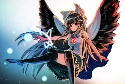 Rule 34 | 1girl, absurdres, bad id, bad twitter id, black hair, black thighhighs, black wings, blue background, bow, cape, energy ball, feathered wings, gradient background, hair bow, highres, long hair, outstretched arm, pyonsuke (pyon2 mfg), red eyes, reiuji utsuho, short sleeves, skirt, smile, solo, thighhighs, third eye, touhou, white background, wings