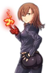 Rule 34 | 1girl, ass, bodysuit, breasts, brown eyes, brown hair, cosplay, eyebrows hidden by hair, fingerless gloves, fire, frown, gloves, highres, jacket, k&#039; (cosplay), k&#039; (kof), long hair, looking at viewer, misaka mikoto, pyrokinesis, shiny clothes, sideboob, simple background, snk, solo, the king of fighters, toaru kagaku no railgun, toaru majutsu no index, transparent background, you xi feng