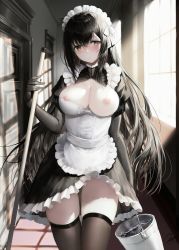Rule 34 | 1girl, apron, artist request, black gloves, black hair, black thighhighs, blush, breasts, bucket, elbow gloves, gloves, large breasts, long hair, looking at viewer, maid, maid headdress, nipples, one breast out, thighhighs, window, yellow eyes