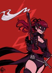 Rule 34 | 1girl, absurdres, belt, black leotard, boots, breasts, choker, cleavage, cowboy shot, frilled sleeves, frills, gloves, grin, gun, hair ribbon, highres, jacket, leotard, mask, persona, persona 5, persona 5 the royal, ponytail, red background, red eyes, red gloves, red hair, ribbon, scabbard, scruffyturtles, sheath, smile, smoke, smoking gun, solo, sword, thigh boots, thighhighs, weapon, yoshizawa kasumi