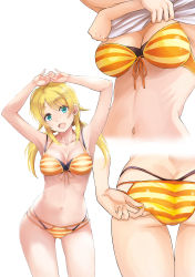 Rule 34 | 1girl, adjusting clothes, adjusting swimsuit, ahoge, arms up, bikini, blonde hair, blue eyes, breasts, butt crack, clothes lift, cowboy shot, front-tie bikini top, front-tie top, hachimiya meguru, head out of frame, idolmaster, idolmaster shiny colors, large breasts, leaning forward, lifted by self, looking at viewer, low twintails, multiple views, shiroyukimajima, shirt lift, simple background, standing, striped bikini, striped clothes, swimsuit, twintails, white background, yellow bikini