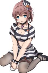 Rule 34 | 1girl, absurdres, ankle strap, bang dream!, belt, belt buckle, black collar, black footwear, black hat, black shirt, black skirt, blue eyes, breasts, brown belt, brown hair, brown pantyhose, buckle, chain, chained, chained wrists, cleavage, cleavage cutout, clothing cutout, collar, collarbone, colored skin, commentary, crop top, cuffs, full body, hair ornament, halloween costume, hat, high heels, highres, jack-o&#039;-lantern, jack-o&#039;-lantern hair ornament, light blush, looking at viewer, medium breasts, medium hair, midriff, mini hat, miniskirt, multicolored skin, neck ribbon, noshimurin, o-ring collar, official alternate costume, pantyhose, parted lips, ponytail, prison clothes, purple ribbon, ribbon, shirt, short sleeves, sidelocks, simple background, sitting, skirt, solo, spoon, star tattoo, stomach tattoo, strappy heels, striped clothes, striped headwear, striped shirt, striped skirt, tattoo, thigh belt, thigh strap, tilted headwear, torn clothes, torn pantyhose, torn shirt, two-tone shirt, two-tone skin, v arms, wariza, white background, white shirt, white skirt, yamabuki saya
