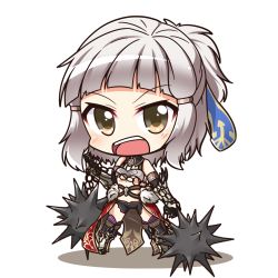 Rule 34 | 1girl, armor, bare shoulders, boots, breasts, chain, chibi, elbow gloves, fate/grand order, fate (series), flail, gloves, grey eyes, grey hair, hair ornament, midriff, open mouth, penthesilea (fate), ponytail, short hair, short shorts, shorts, thighhighs, weapon