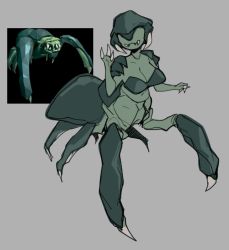 Rule 34 | 1girl, arachne, arthropod girl, breasts, centauroid, claws, cleavage, deep rock galactic, glacier clear, glyphid grunt, grey background, insect girl, monster girl, multiple legs, personification, spider girl, taur, teeth