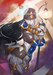 Rule 34 | 1girl, aqua eyes, bandaged arm, bandages, black hair, breasts, caster of the nocturnal castle, circlet, covered mouth, covered navel, dark-skinned female, dark skin, fate/grand order, fate (series), forehead jewel, from side, gem, half-closed eyes, hamushima, jewelry, large breasts, long hair, looking at viewer, mask, mouth veil, red gemstone, scheherazade (fate), see-through, shiny skin, shoulder pads, sideboob, solo, staff, standing, veil, very long hair