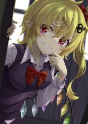 Rule 34 | 1girl, akisome hatsuka, alternate costume, blonde hair, blurry, blurry background, bow, bowtie, collarbone, crystal, flandre scarlet, grin, indoors, laevatein (touhou), long sleeves, looking at viewer, one side up, peeking out, pointy ears, rainbow order, red bow, red bowtie, red eyes, school uniform, smile, solo, touhou, wings