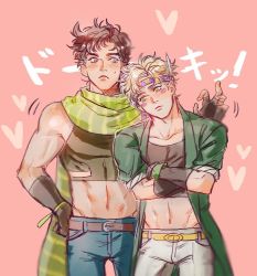 Rule 34 | 2boys, abs, battle tendency, blonde hair, blush, brown hair, caesar anthonio zeppeli, crop top, crossed arms, facial mark, feather hair ornament, feathers, fingerless gloves, gloves, green eyes, green scarf, groin, hair ornament, headband, homil22, jojo no kimyou na bouken, joseph joestar, joseph joestar (young), leaning on person, long coat, male focus, midriff, multiple boys, scarf, striped clothes, striped scarf, sweatdrop, triangle print