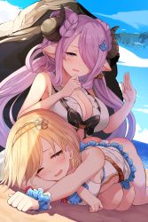 Rule 34 | 2girls, absurdres, ass, beach, bikini, blonde hair, blue sky, blush, braid, breasts, brown eyes, cleavage, collarbone, commentary request, day, djeeta (granblue fantasy), djeeta (summer) (granblue fantasy), draph, femdom, granblue fantasy, hair ornament, hair over one eye, hairband, highres, horns, large breasts, long hair, lying, lying on lap, lying on person, multiple girls, narmaya (granblue fantasy), narmaya (summer) (granblue fantasy), ocean, one eye closed, open mouth, outdoors, pointy ears, purple eyes, purple hair, rock, seiza, shade, short hair, sitting, sky, spanked, spanking, sweat, swimsuit, very long hair, white bikini, yamato (muchuu paradigm)