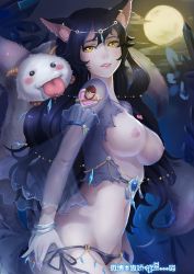 Rule 34 | 1girl, adjusting clothes, adjusting panties, ahri (league of legends), alternate costume, animal ears, black hair, breasts, breasts out, destincelly, fox ears, fox tail, from side, full moon, groin, highres, jewelry, large breasts, league of legends, lips, long hair, looking at viewer, moon, navel, night, night sky, nipples, panties, parted lips, poro (league of legends), see-through, side-tie panties, sideboob, sky, tail, torn clothes, underwear, ward (league of legends), wavy hair, wukong (league of legends), yellow eyes