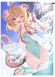 Rule 34 | 1girl, absurdres, ahoge, andira (granblue fantasy), andira (summer) (granblue fantasy), animal, animal ears, blonde hair, blue sky, blush, brown eyes, cloud, cloudy sky, collarbone, day, double bun, fingernails, flat chest, gold trim, granblue fantasy, hair bun, hair ornament, highleg, highleg swimsuit, highres, innertube, looking at viewer, monkey, monkey ears, one-piece swimsuit, open mouth, outdoors, partially submerged, see-through, simple background, sky, smile, solo, sunlight, swim ring, swimsuit, tail, teeth, thighs, upper teeth only, wading, water, water drop, wet, yellowpaint.